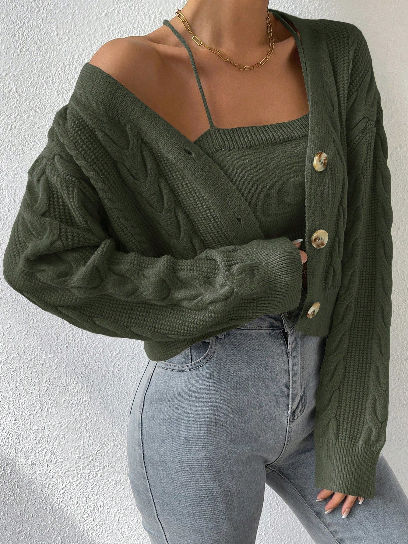 MOOSTA Cable Knit Drop Shoulder Cardigan & Cami Knit Top - Image 11