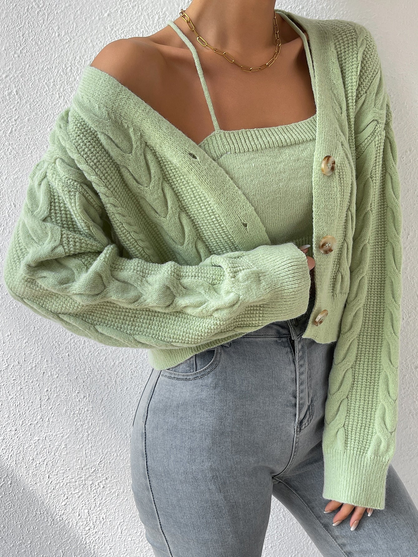MOOSTA Cable Knit Drop Shoulder Cardigan & Cami Knit Top - Image 13