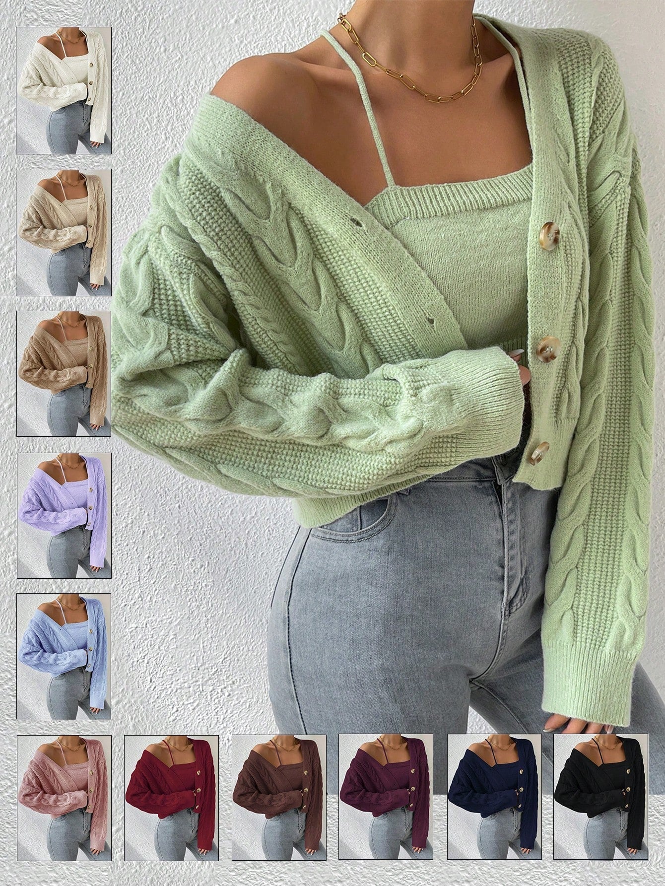 MOOSTA Cable Knit Drop Shoulder Cardigan & Cami Knit Top - Image 14