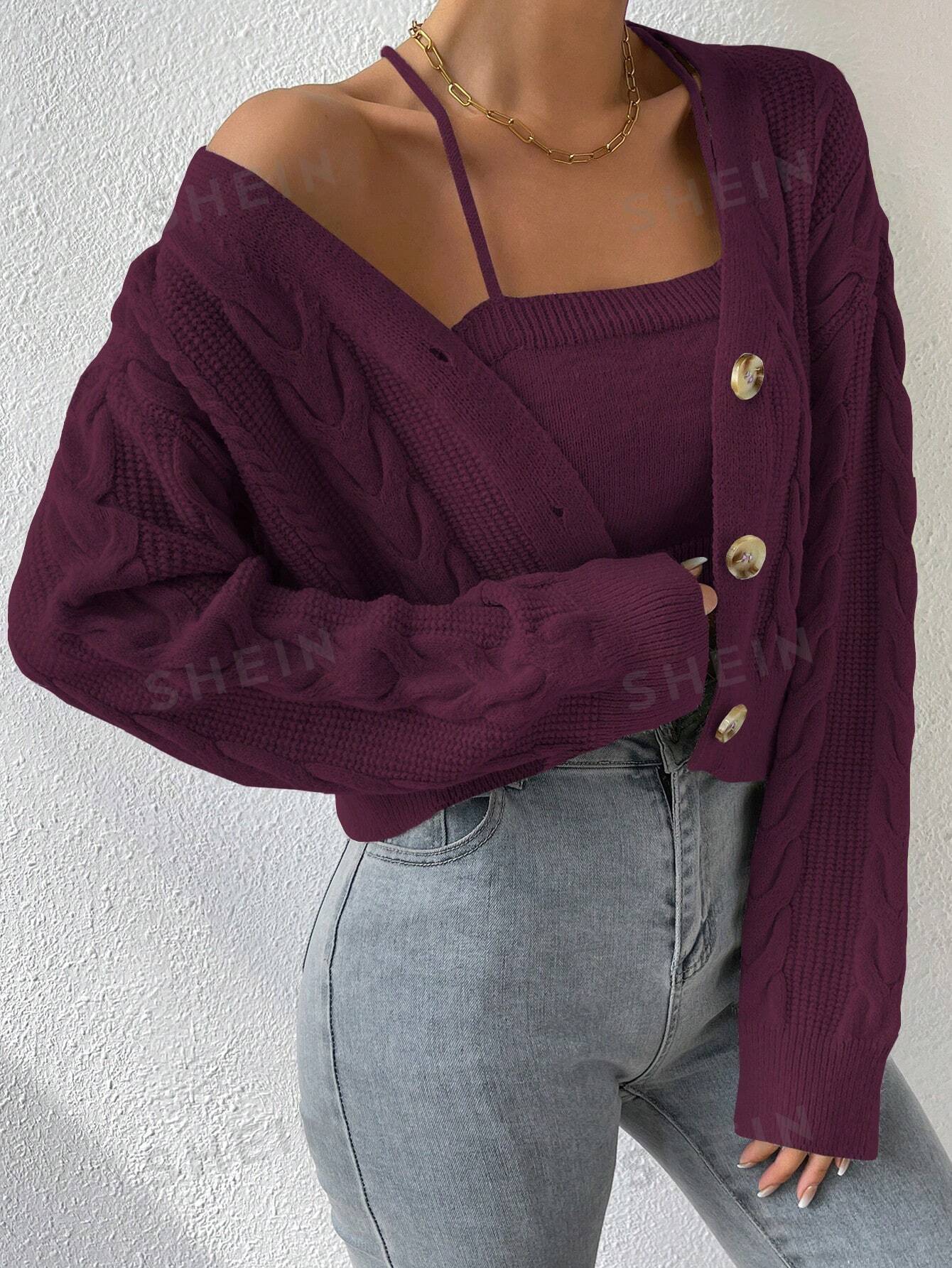 MOOSTA Cable Knit Drop Shoulder Cardigan & Cami Knit Top - Image 15