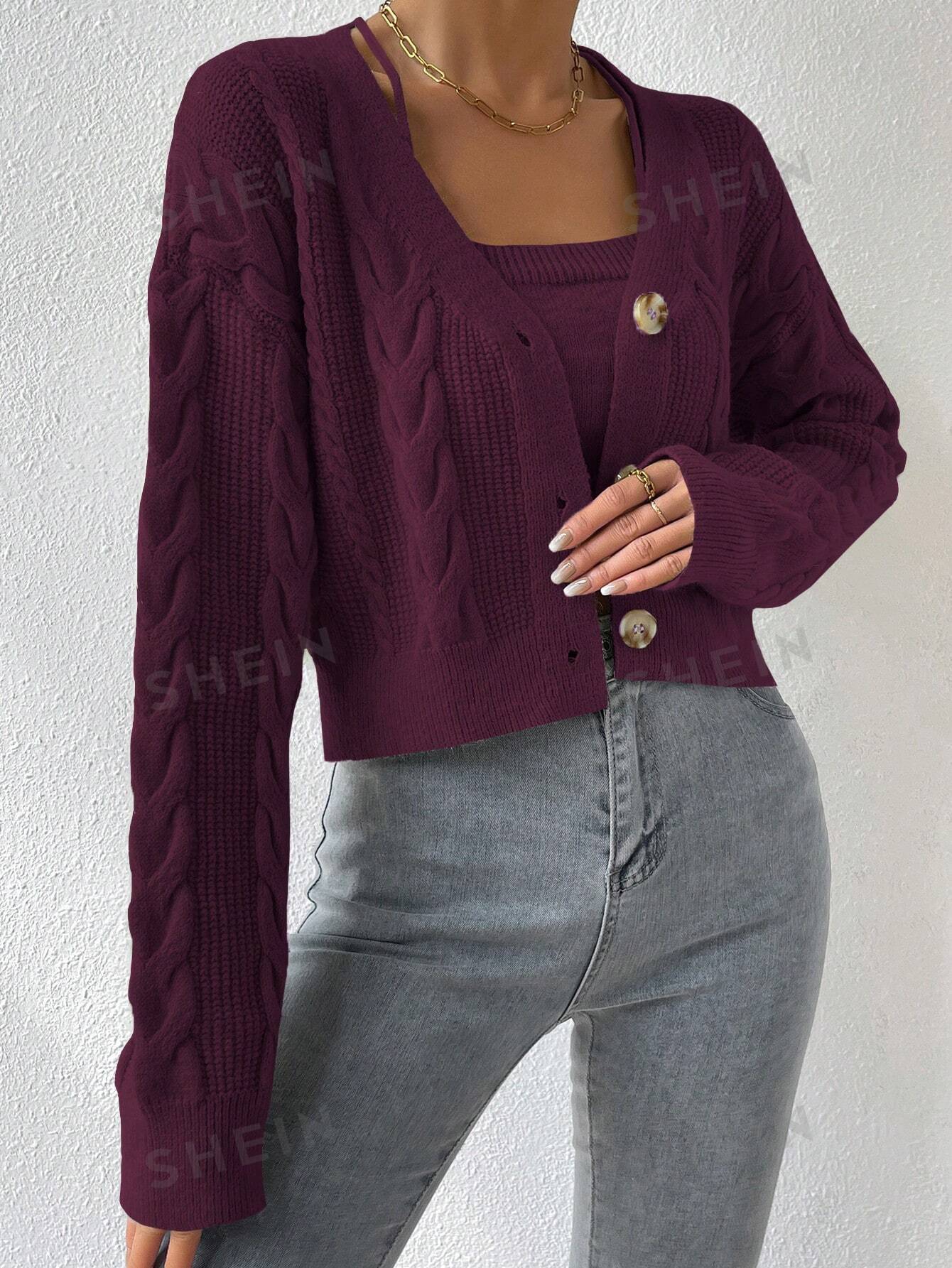 MOOSTA Cable Knit Drop Shoulder Cardigan & Cami Knit Top - Image 17