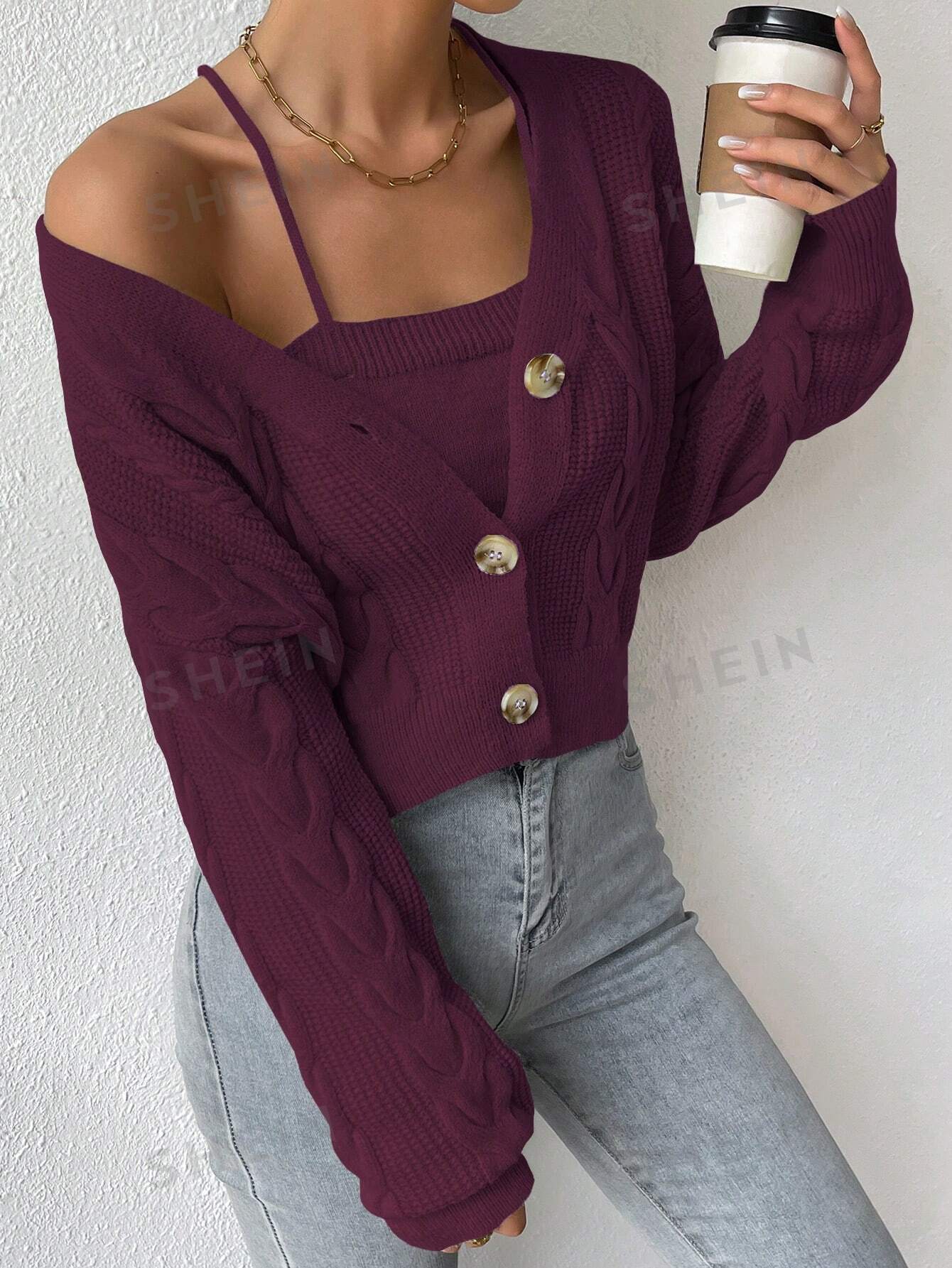MOOSTA Cable Knit Drop Shoulder Cardigan & Cami Knit Top - Image 18