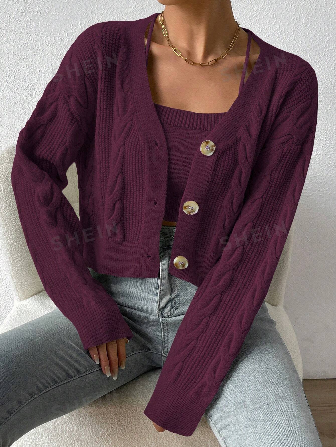 MOOSTA Cable Knit Drop Shoulder Cardigan & Cami Knit Top - Image 19
