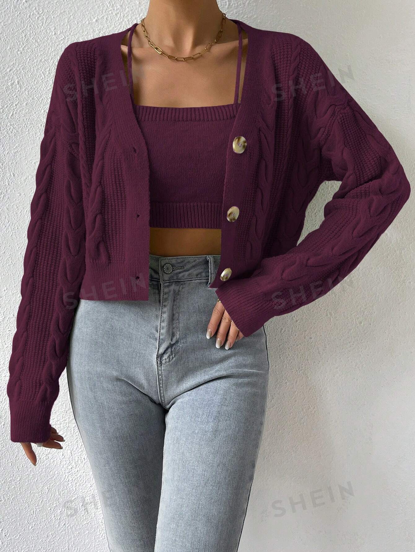 MOOSTA Cable Knit Drop Shoulder Cardigan & Cami Knit Top - Image 20