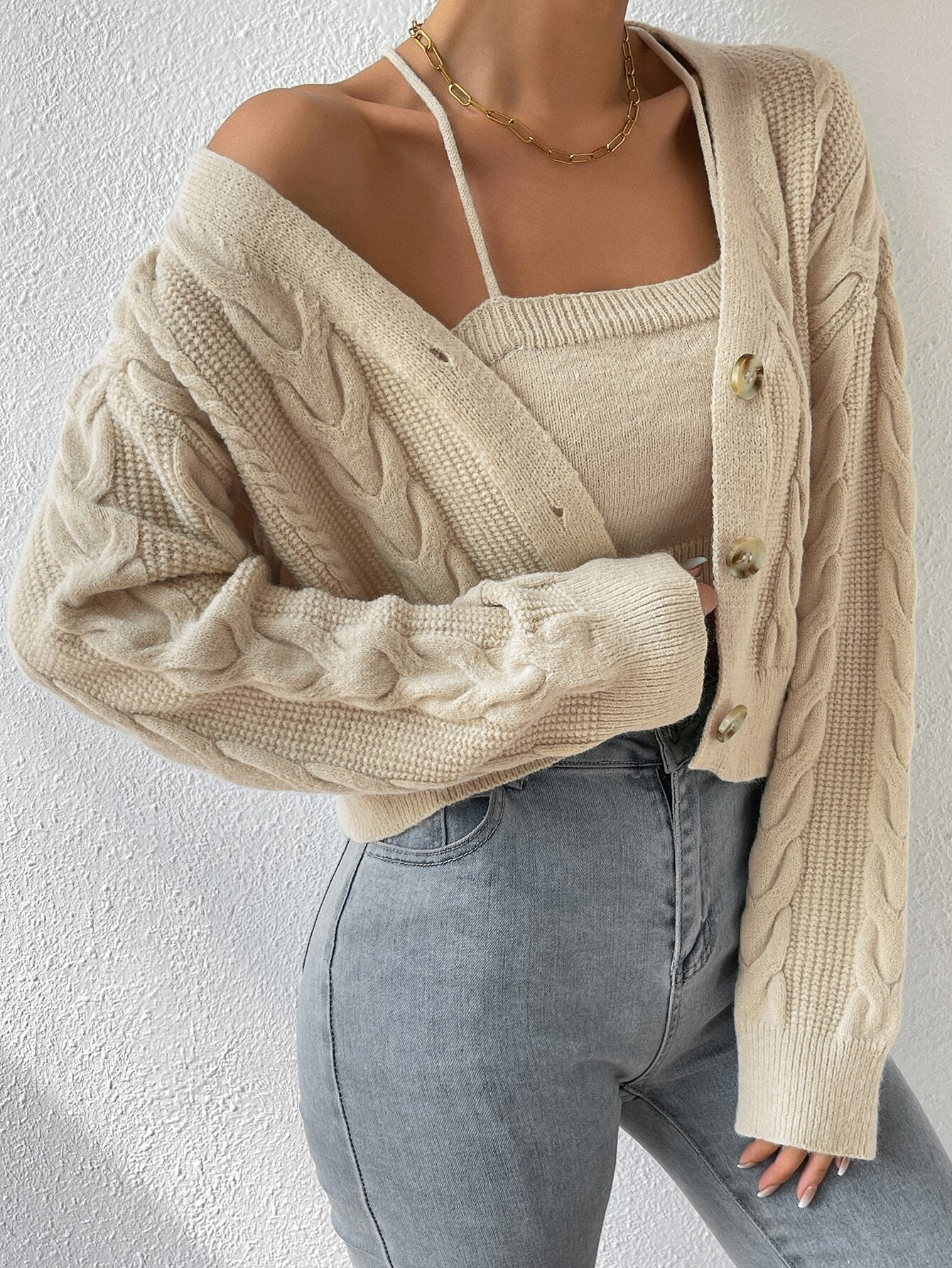 MOOSTA Cable Knit Drop Shoulder Cardigan & Cami Knit Top - Image 22