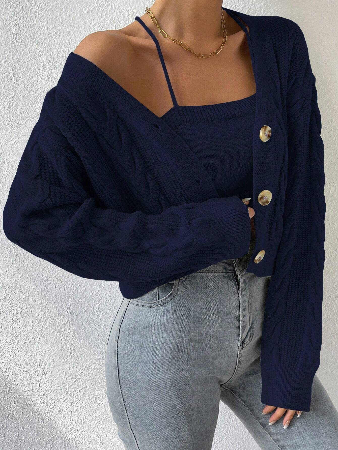 MOOSTA Cable Knit Drop Shoulder Cardigan & Cami Knit Top - Image 23
