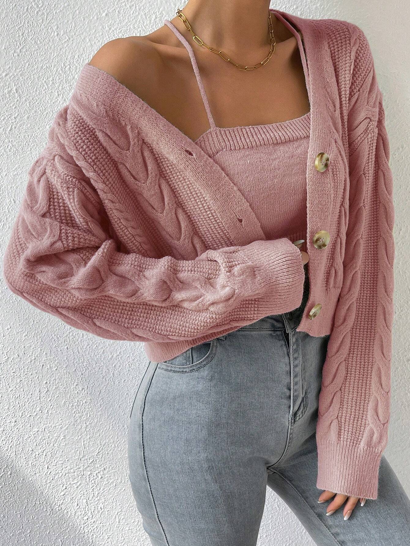 MOOSTA Cable Knit Drop Shoulder Cardigan & Cami Knit Top - Image 24