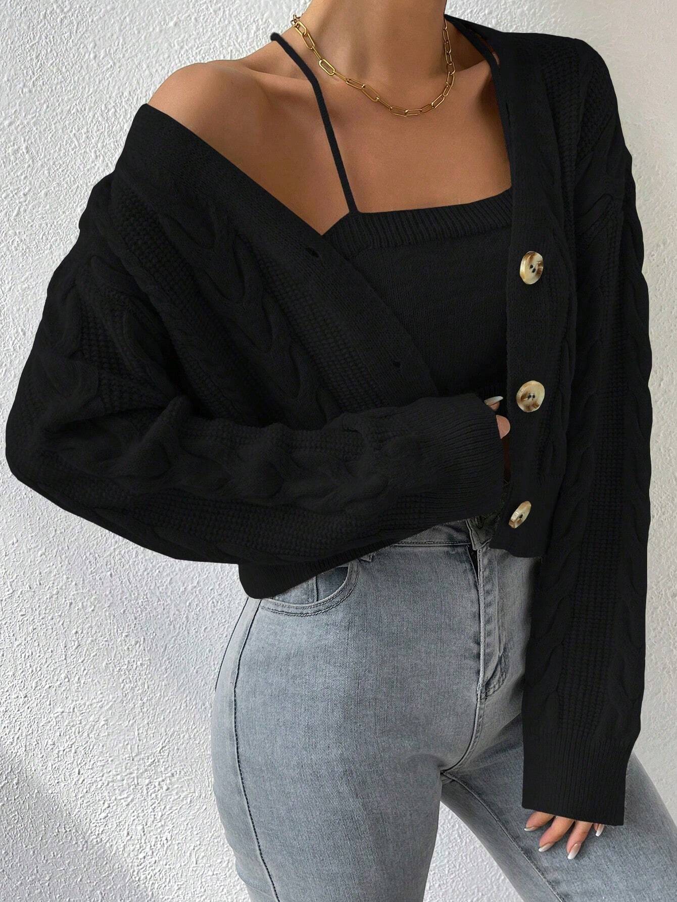 MOOSTA Cable Knit Drop Shoulder Cardigan & Cami Knit Top - Image 25