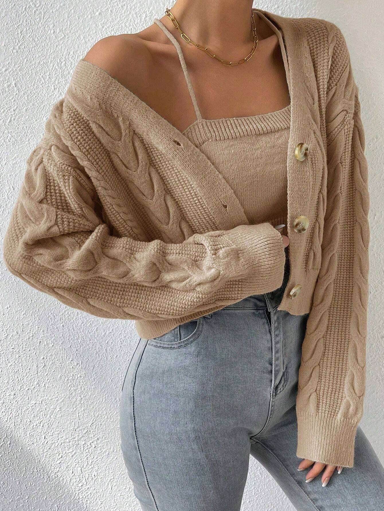 MOOSTA Cable Knit Drop Shoulder Cardigan & Cami Knit Top - Image 27