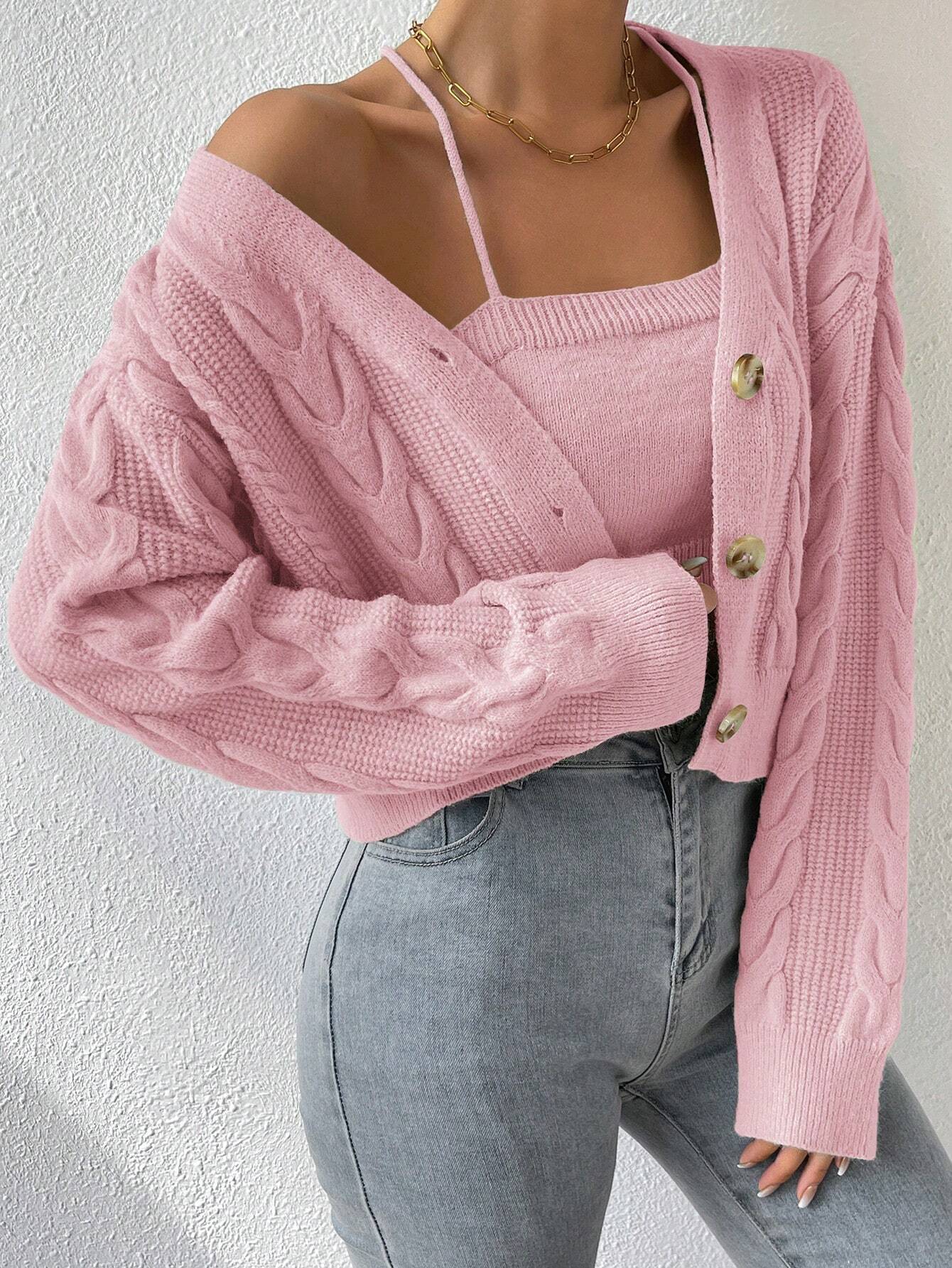 MOOSTA Cable Knit Drop Shoulder Cardigan & Cami Knit Top - Image 28