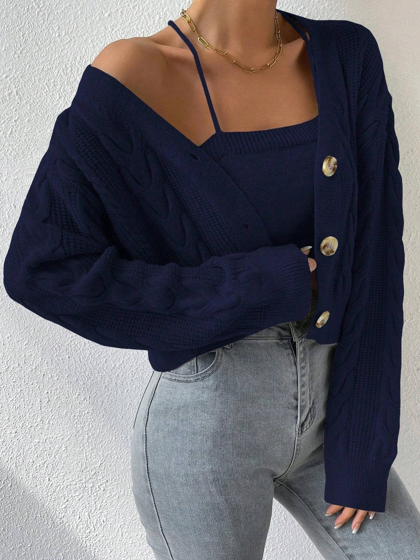 MOOSTA Cable Knit Drop Shoulder Cardigan & Cami Knit Top - Image 3