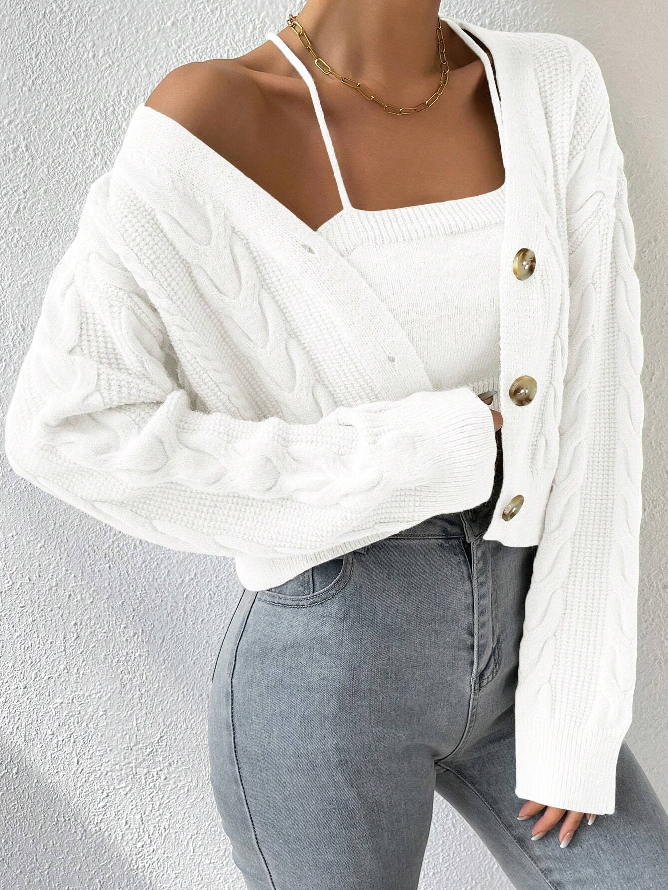 MOOSTA Cable Knit Drop Shoulder Cardigan & Cami Knit Top - Image 30