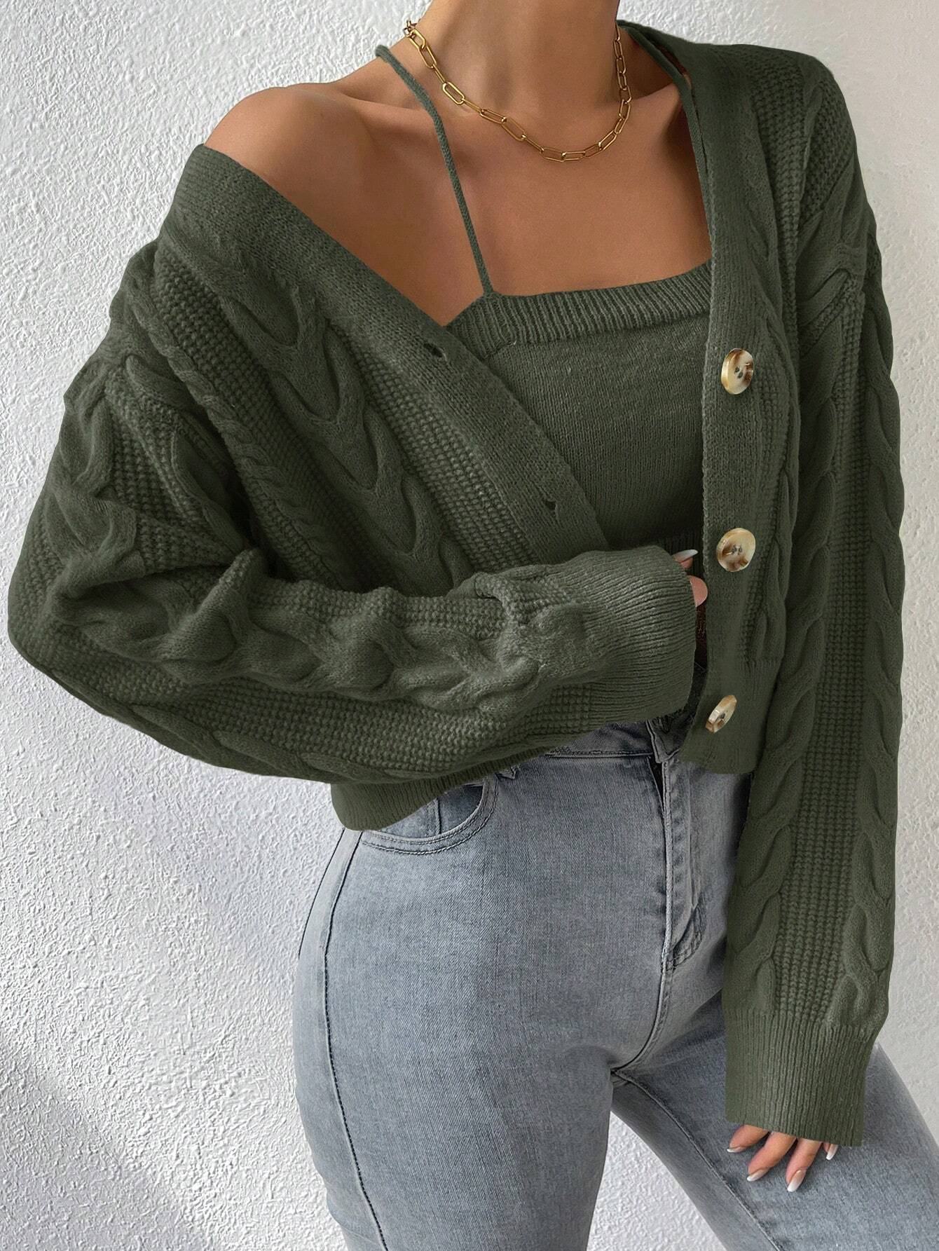 MOOSTA Cable Knit Drop Shoulder Cardigan & Cami Knit Top - Image 31