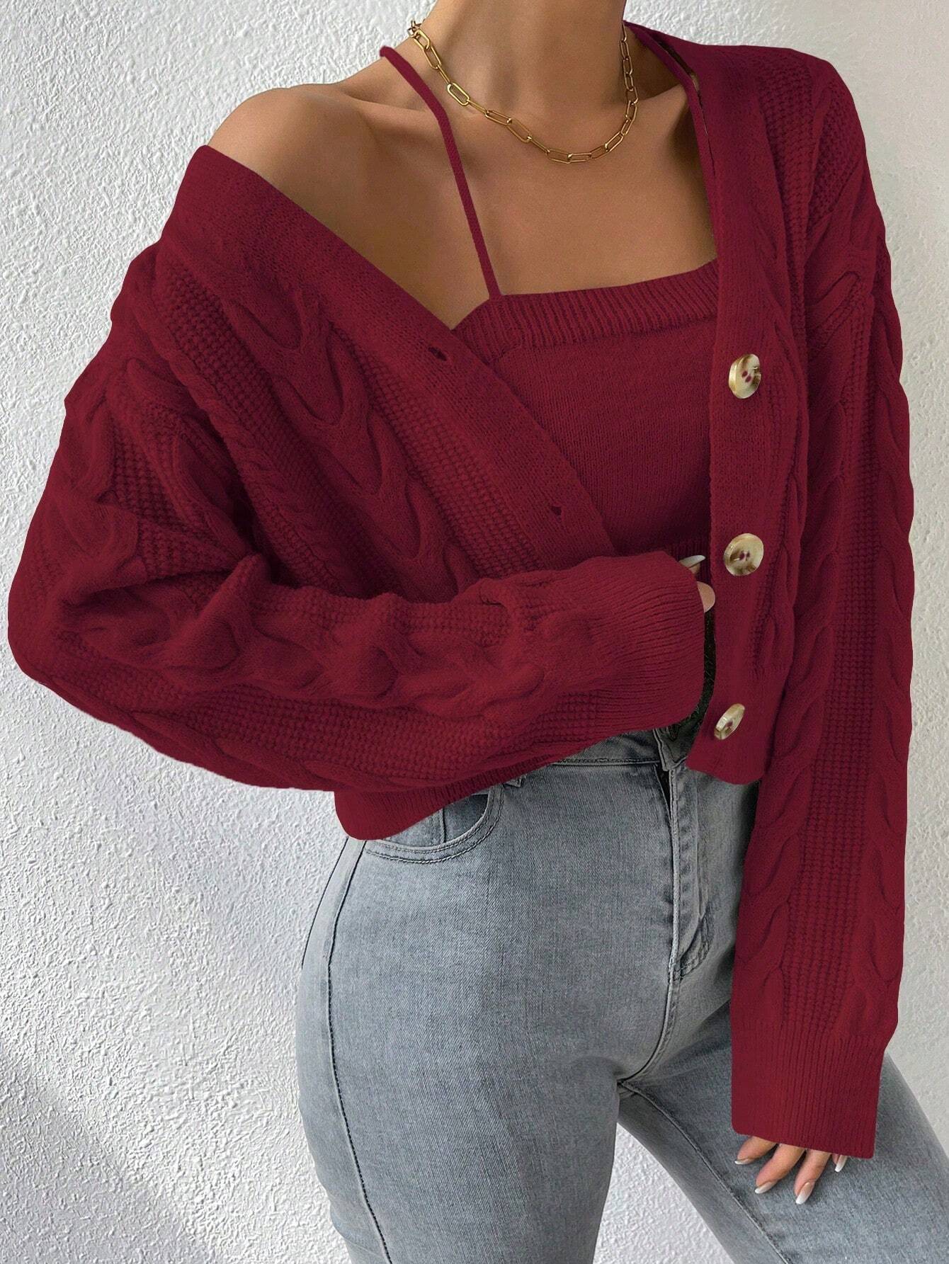 MOOSTA Cable Knit Drop Shoulder Cardigan & Cami Knit Top - Image 32
