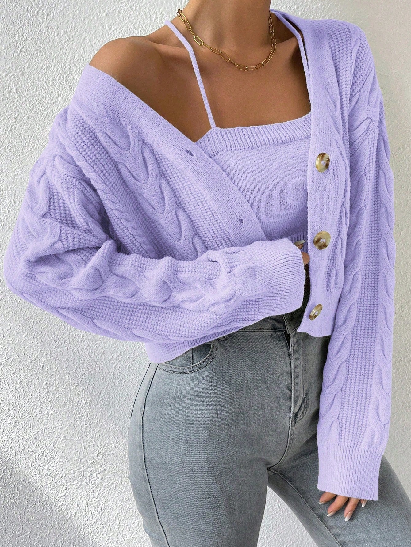 MOOSTA Cable Knit Drop Shoulder Cardigan & Cami Knit Top - Image 6