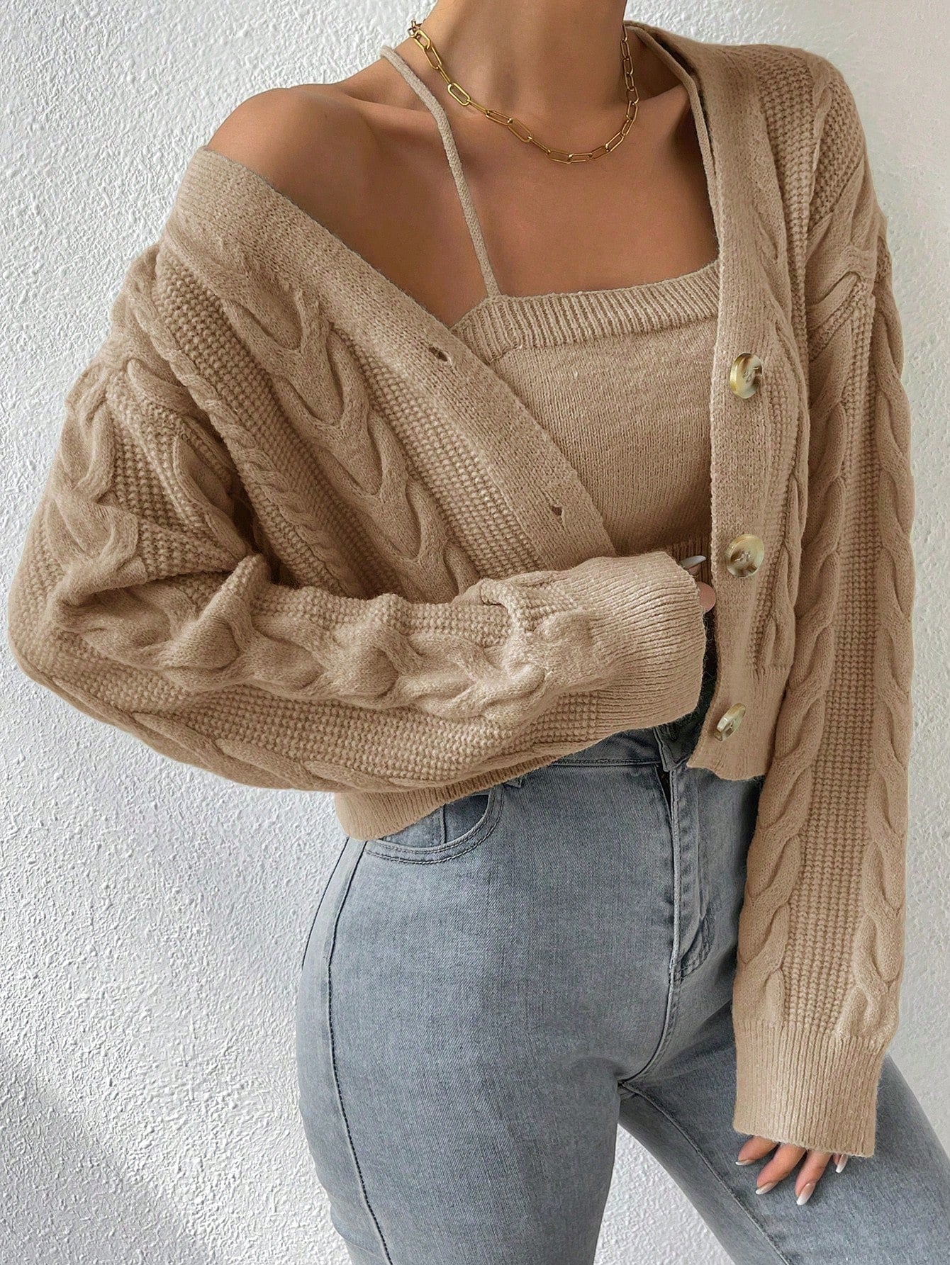 MOOSTA Cable Knit Drop Shoulder Cardigan & Cami Knit Top - Image 7