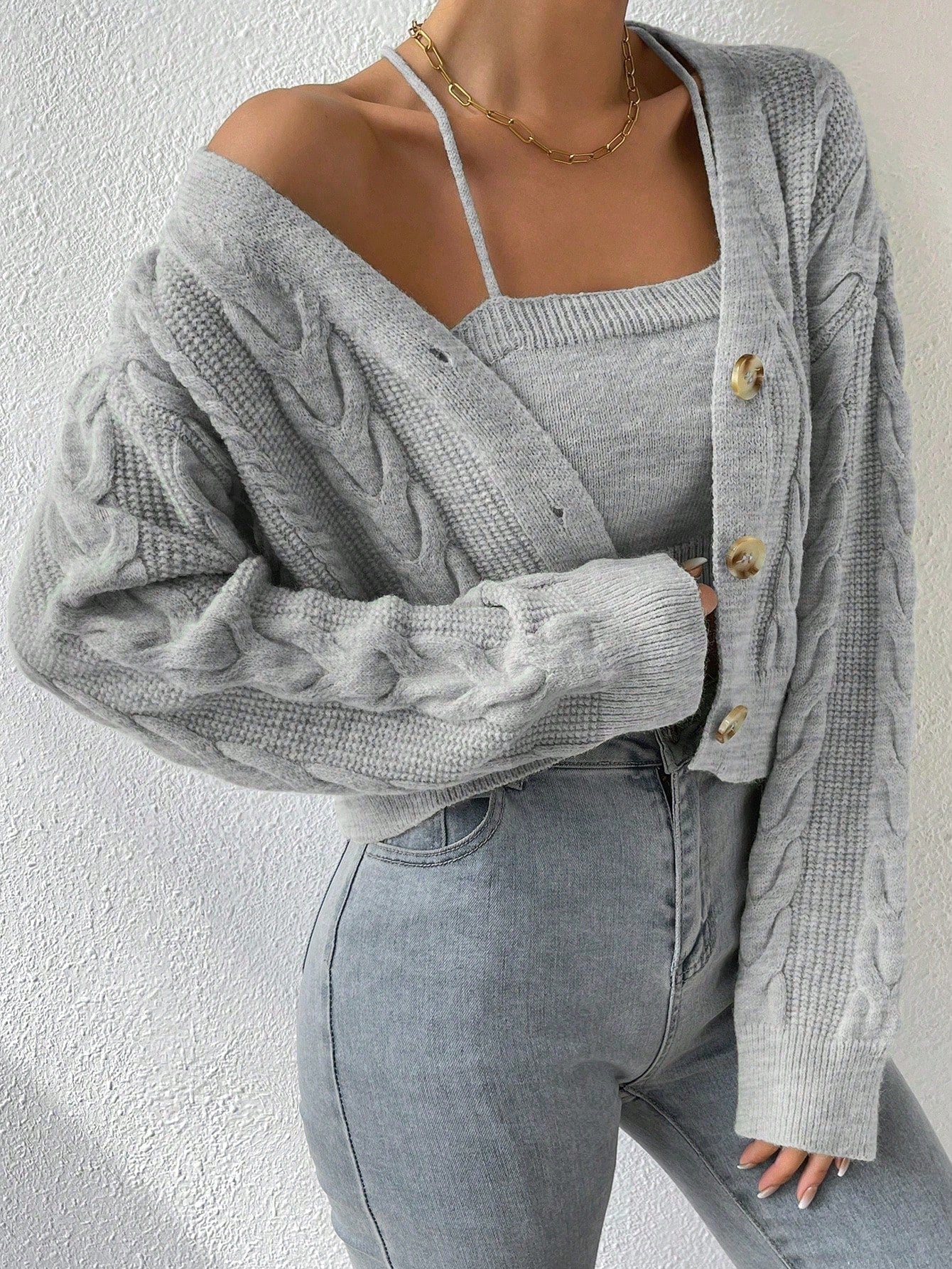 MOOSTA Cable Knit Drop Shoulder Cardigan & Cami Knit Top - Image 9