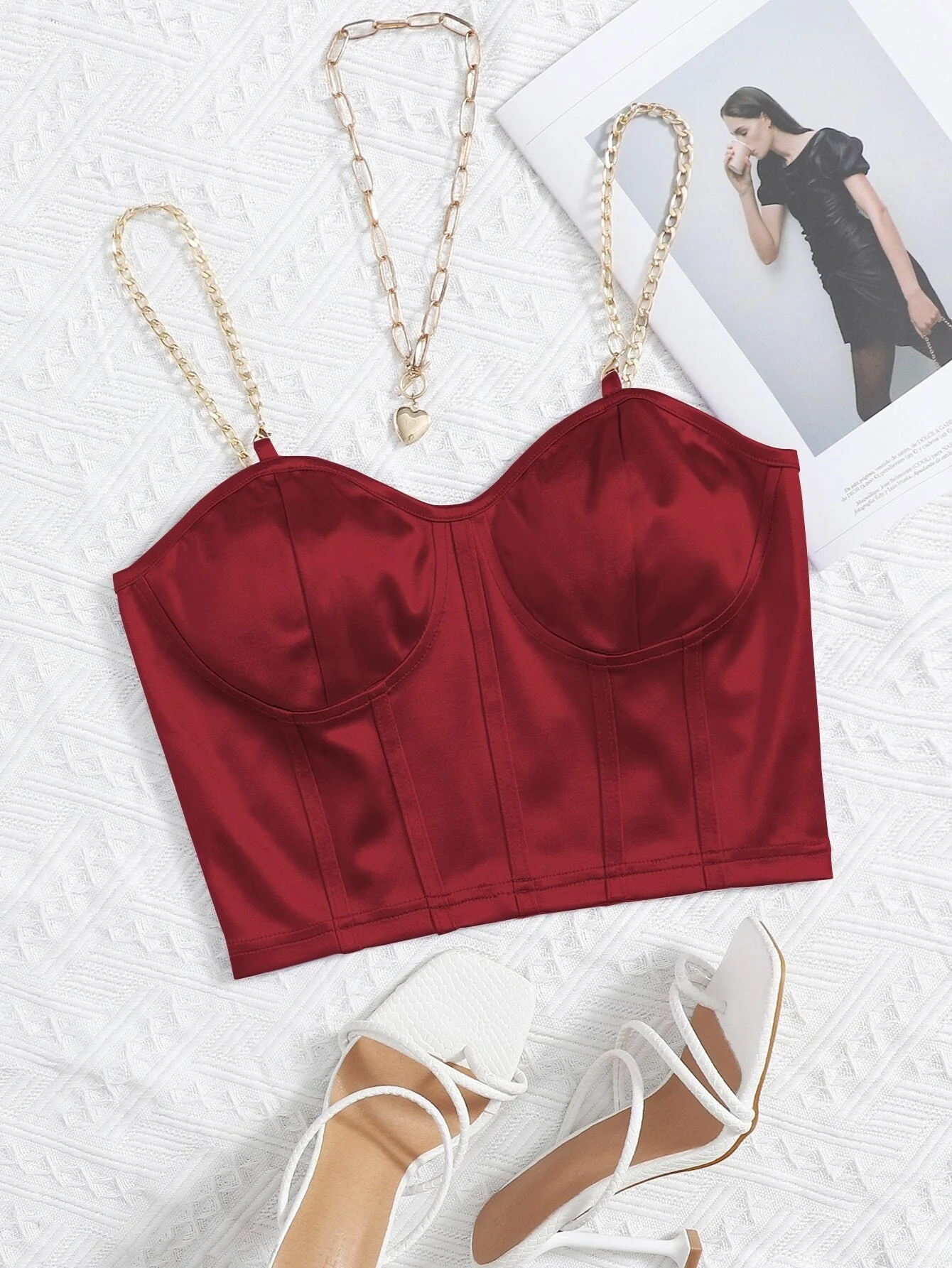 MOOSTA Chain Detail Silky Bustier Cami Crop Top - Image 8