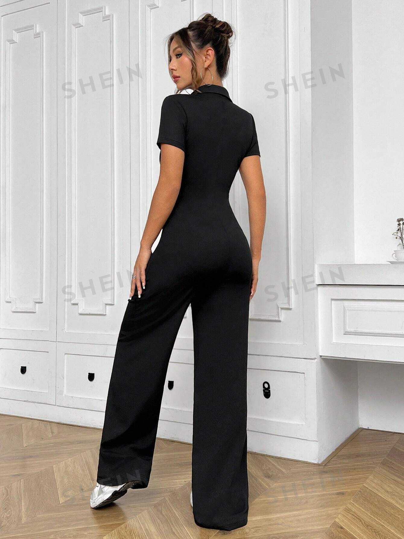 MOOSTA Turn-Down Collar Solid Color Front Button Short Sleeve Wide Leg Jumpsuit - Image 3