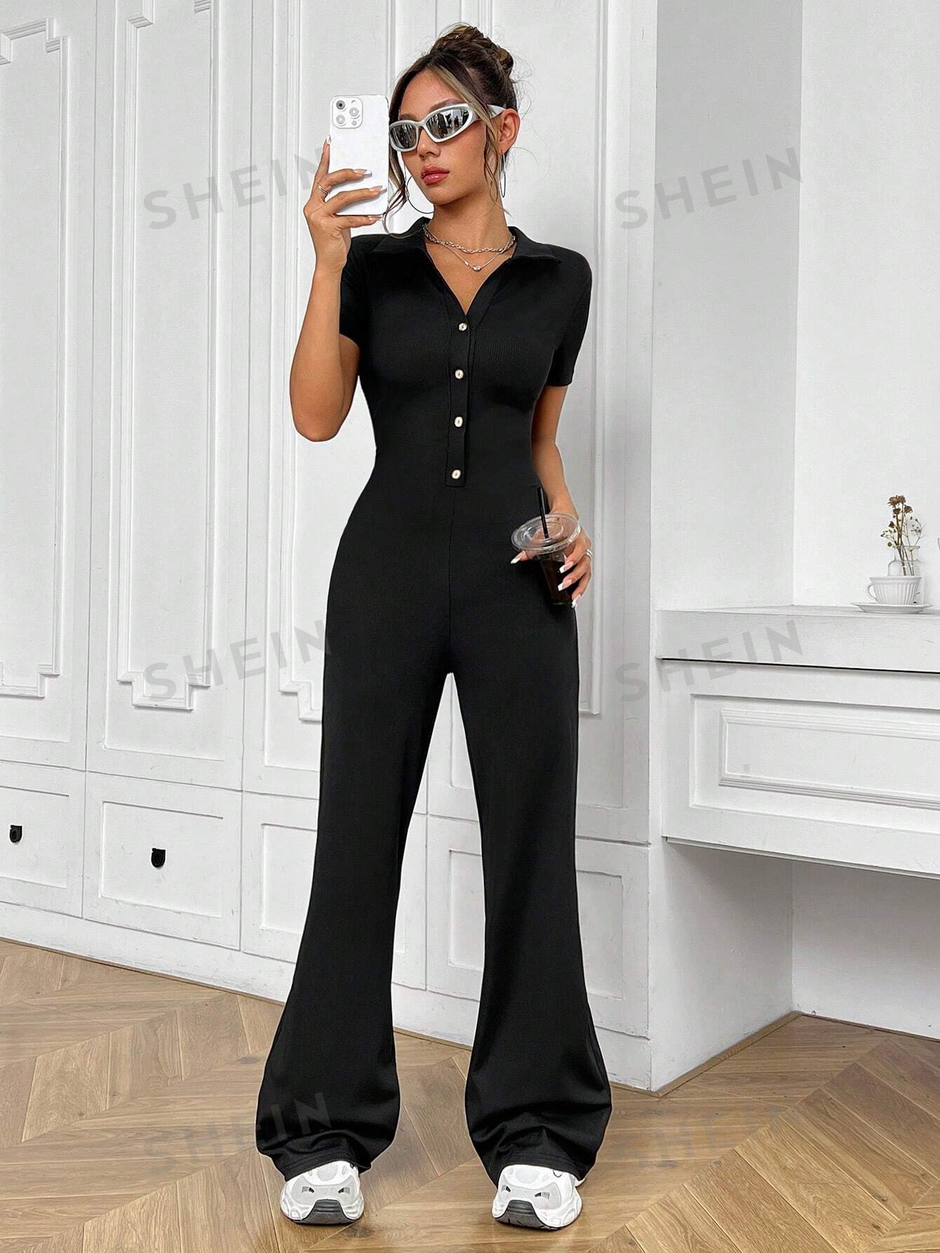MOOSTA Turn-Down Collar Solid Color Front Button Short Sleeve Wide Leg Jumpsuit - Image 5