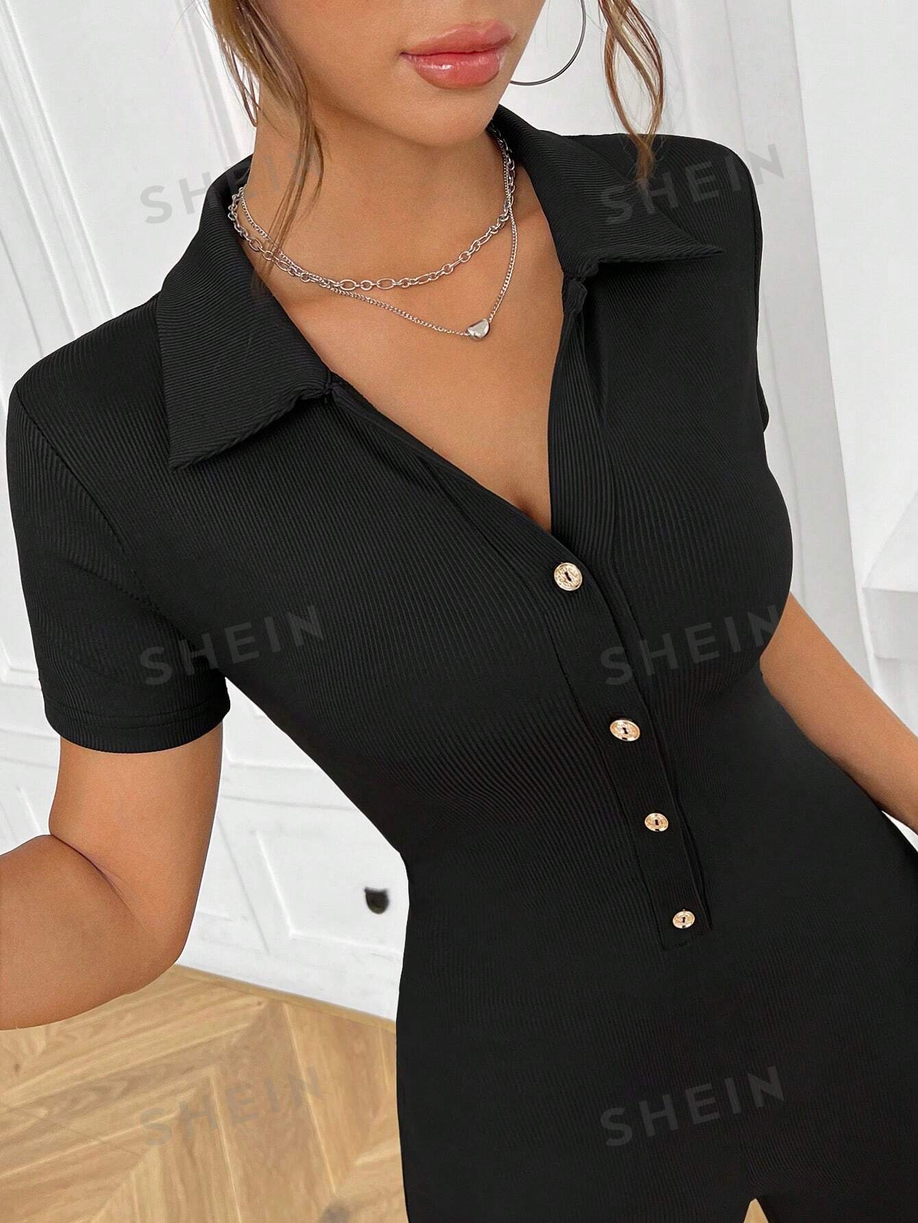 MOOSTA Turn-Down Collar Solid Color Front Button Short Sleeve Wide Leg Jumpsuit - Image 7