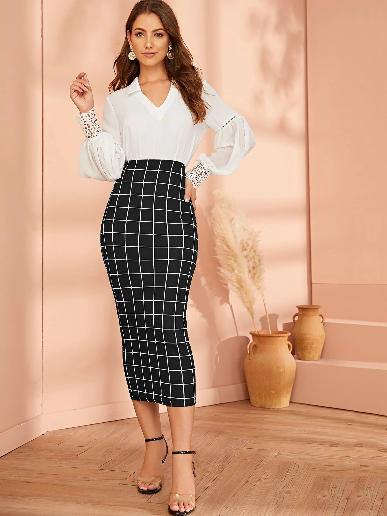 Mulvari Grid Pencil Skirt - Image 5