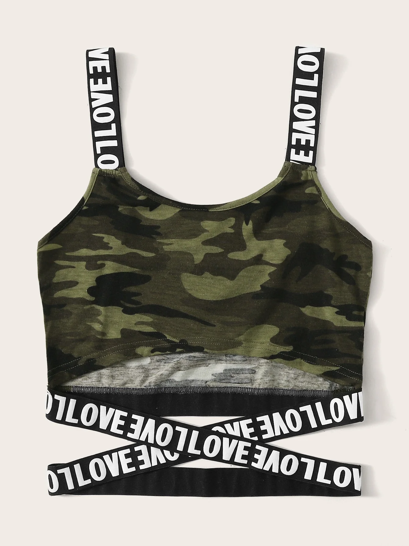 Mulvari Love Graphic Camo Print Crop Top - Image 5