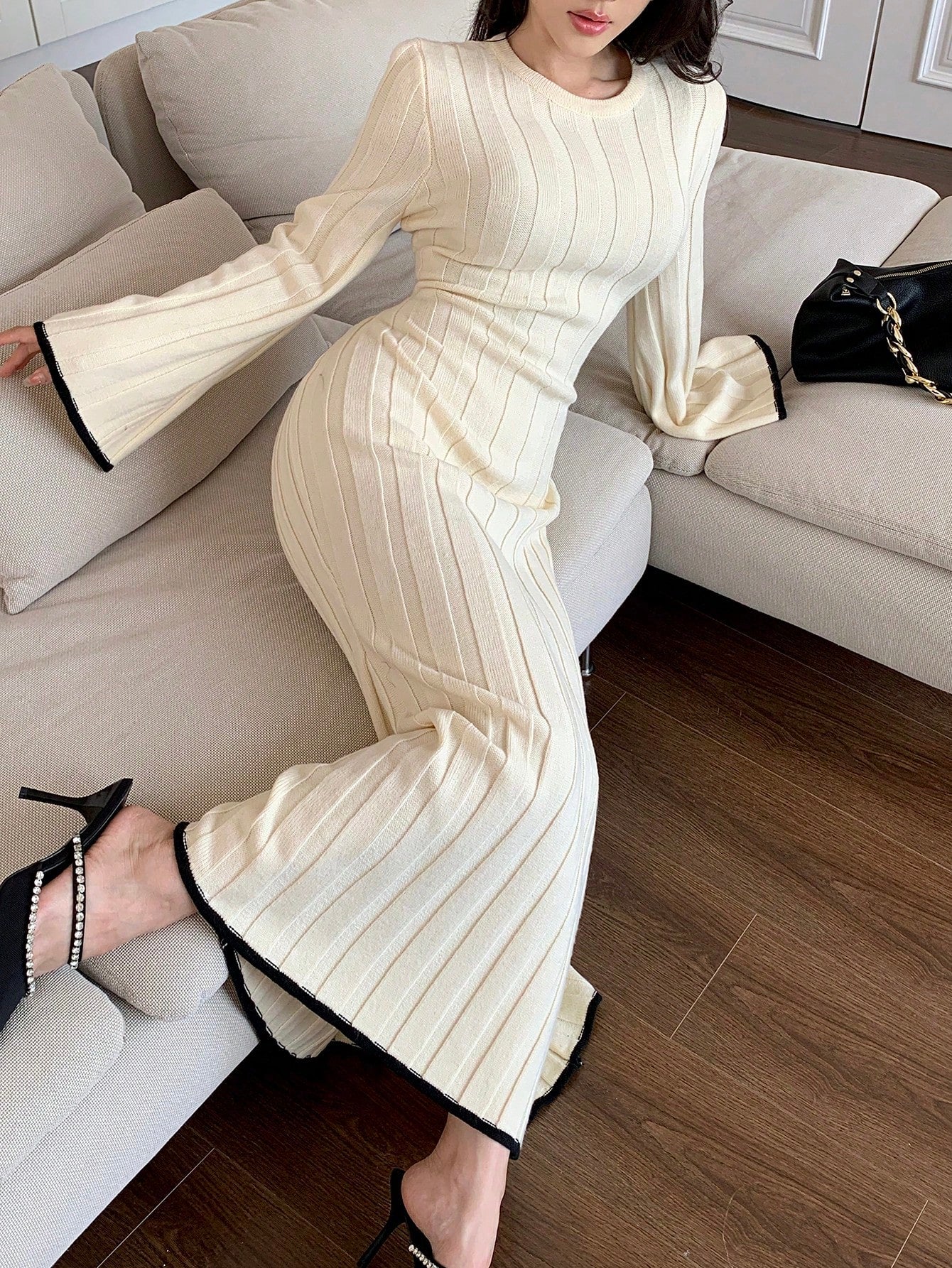 Mulvari Women's Elegant Long Flare Sleeve Knit Sweater Dress - Image 2