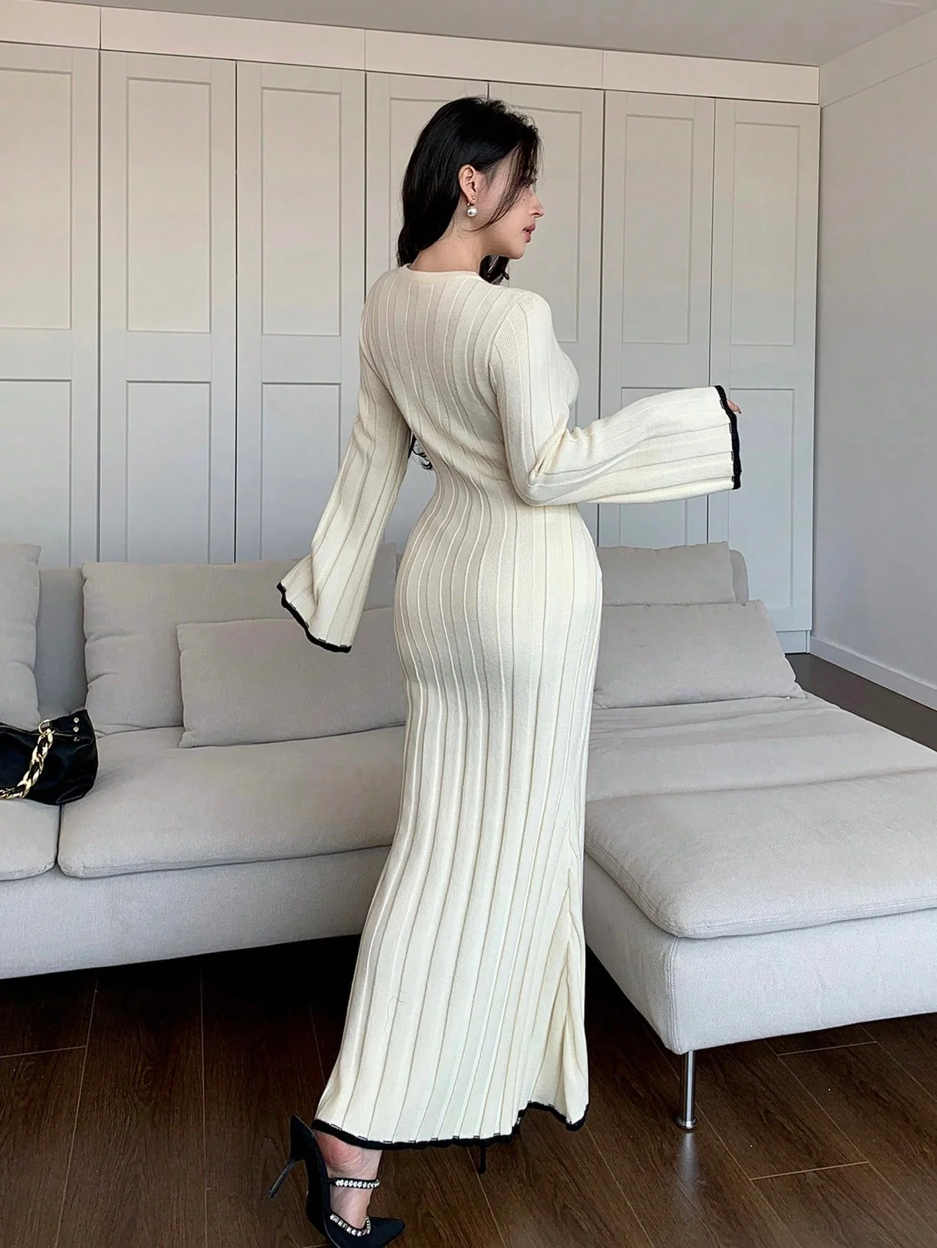 Mulvari Women's Elegant Long Flare Sleeve Knit Sweater Dress - Image 6