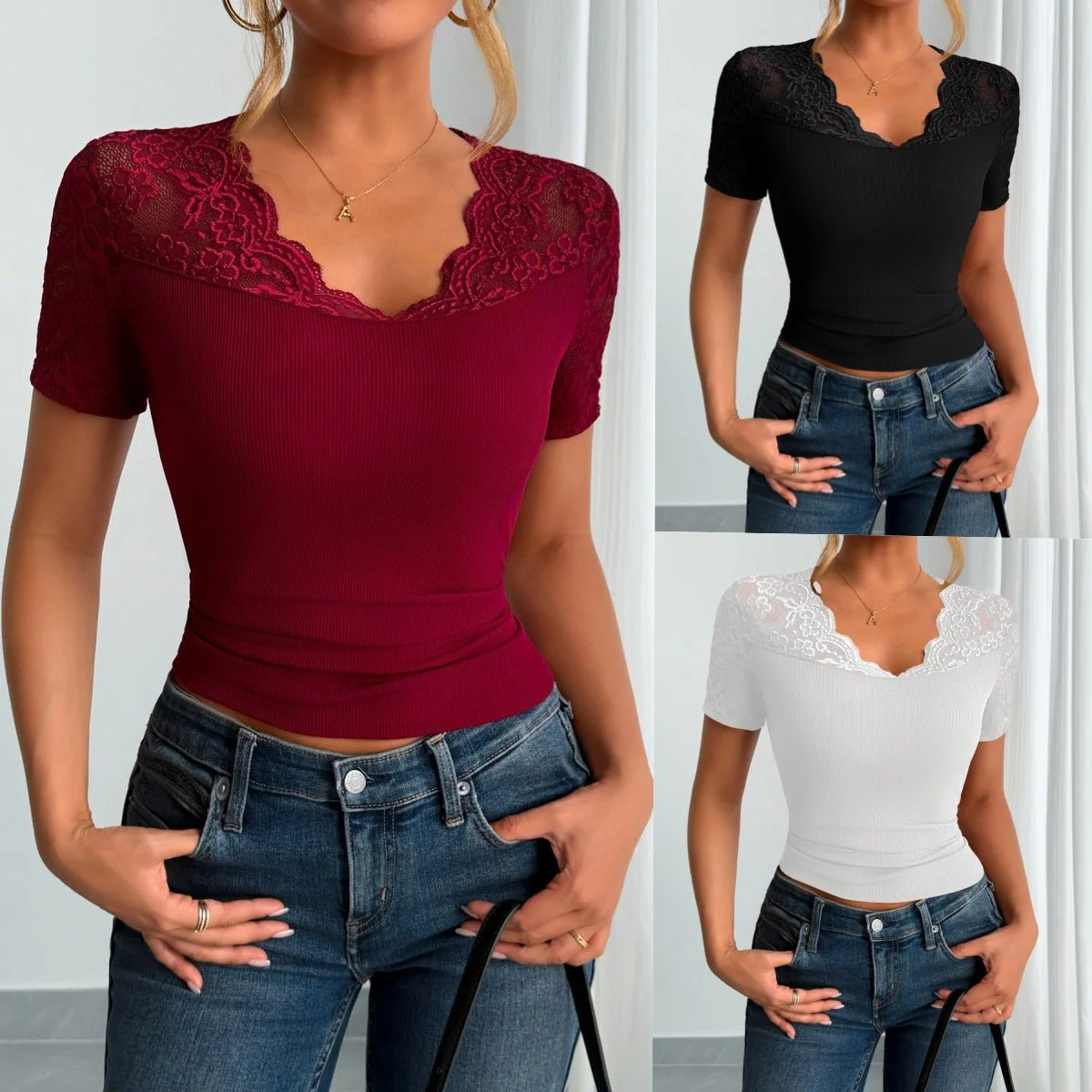 Neckline cuffs splicing lace lace short-sleeved clothes spring