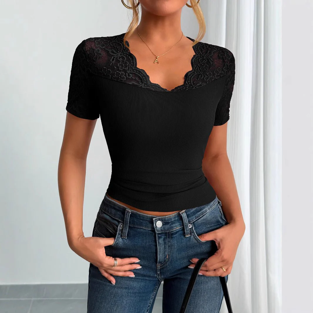Neckline cuffs splicing lace lace short-sleeved clothes spring - Image 2