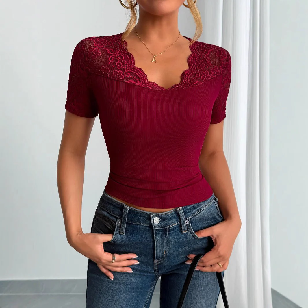 Neckline cuffs splicing lace lace short-sleeved clothes spring - Image 4