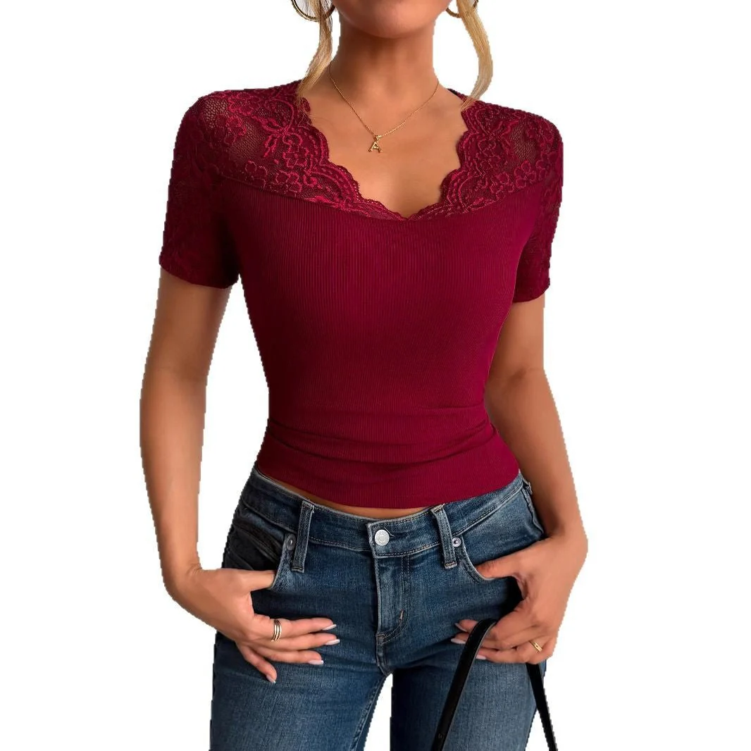 Neckline cuffs splicing lace lace short-sleeved clothes spring FD - Image 5