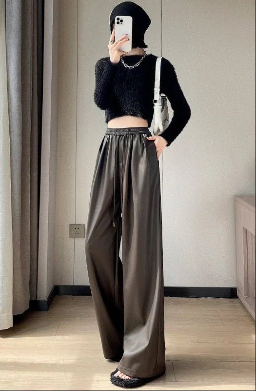 Negative Apparel Women’s High-Waist PU Leather Wide-Leg Pants – Elegant Commuter Straight Fit with Lacing Detail | Autumn 2025 Collection FD - Image 2