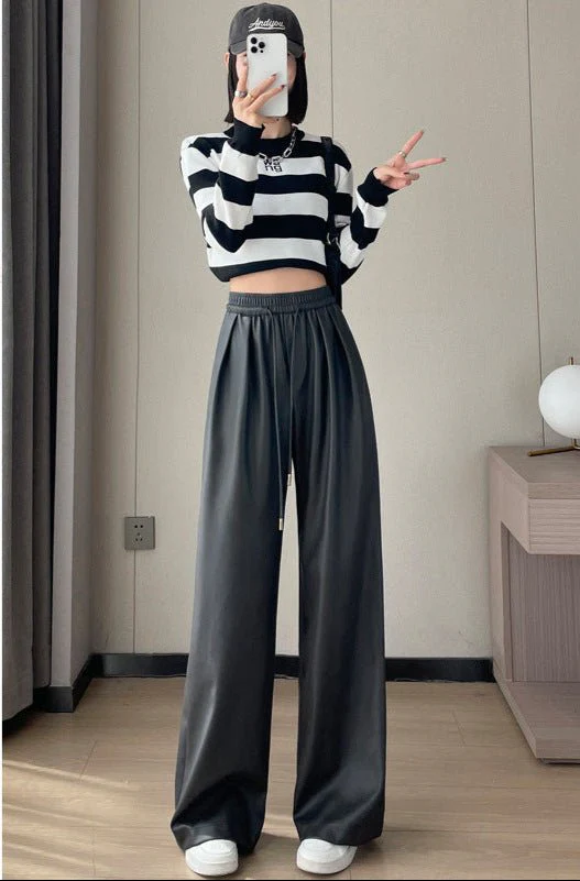 Negative Apparel Women’s High-Waist PU Leather Wide-Leg Pants – Elegant Commuter Straight Fit with Lacing Detail | Autumn 2025 Collection FD - Image 3