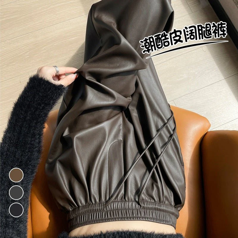 Negative Apparel Women’s High-Waist PU Leather Wide-Leg Pants – Elegant Commuter Straight Fit with Lacing Detail | Autumn 2025 Collection FD - Image 7