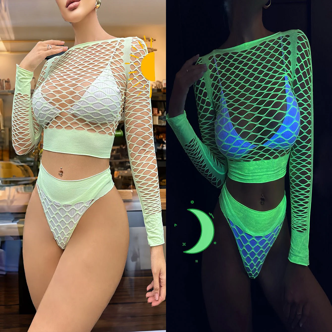 Neon Glow Queen | Fluorescent Green Nylon Role-Play Outfit - Image 2