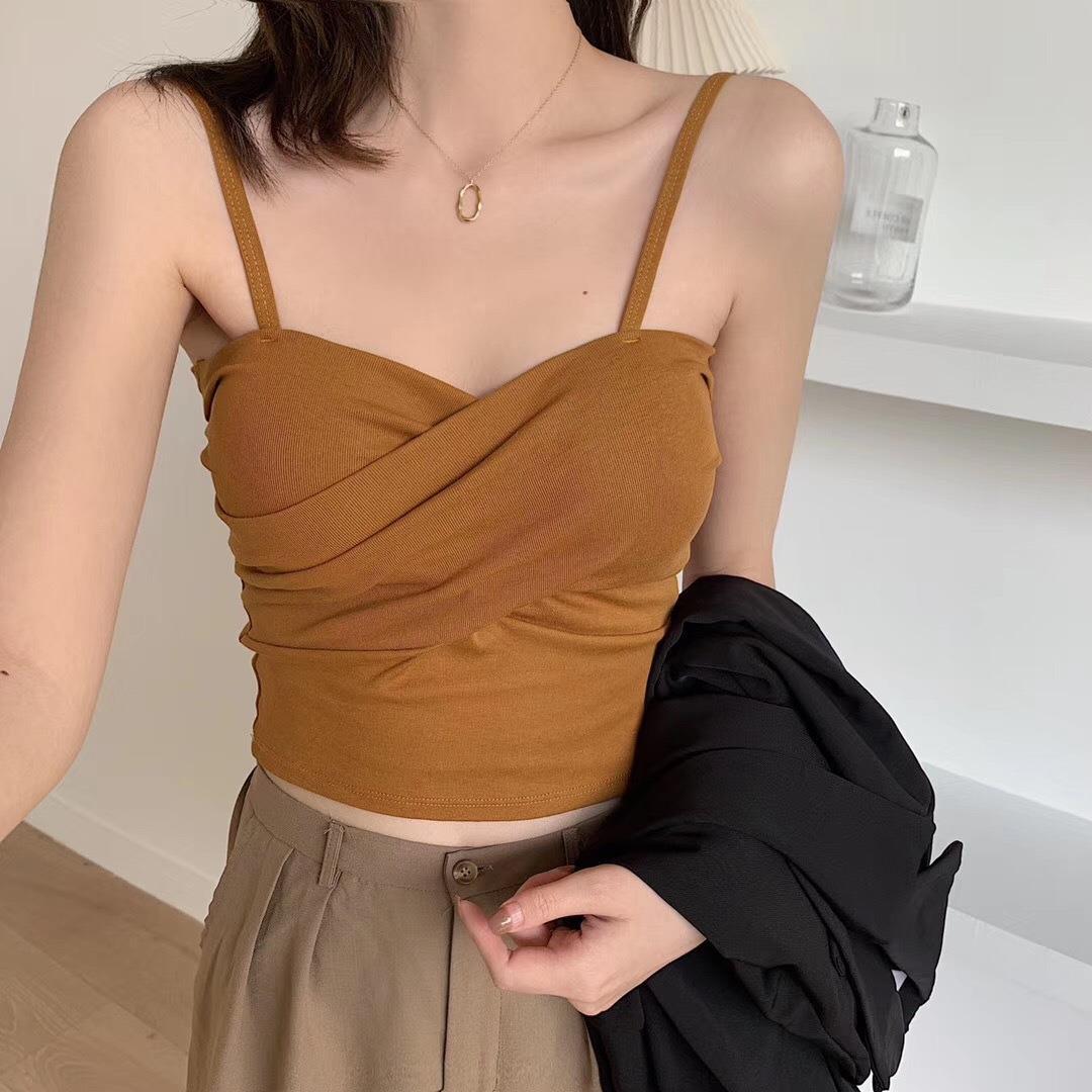 New cotton thread camisole solid color with chest pads - Image 10
