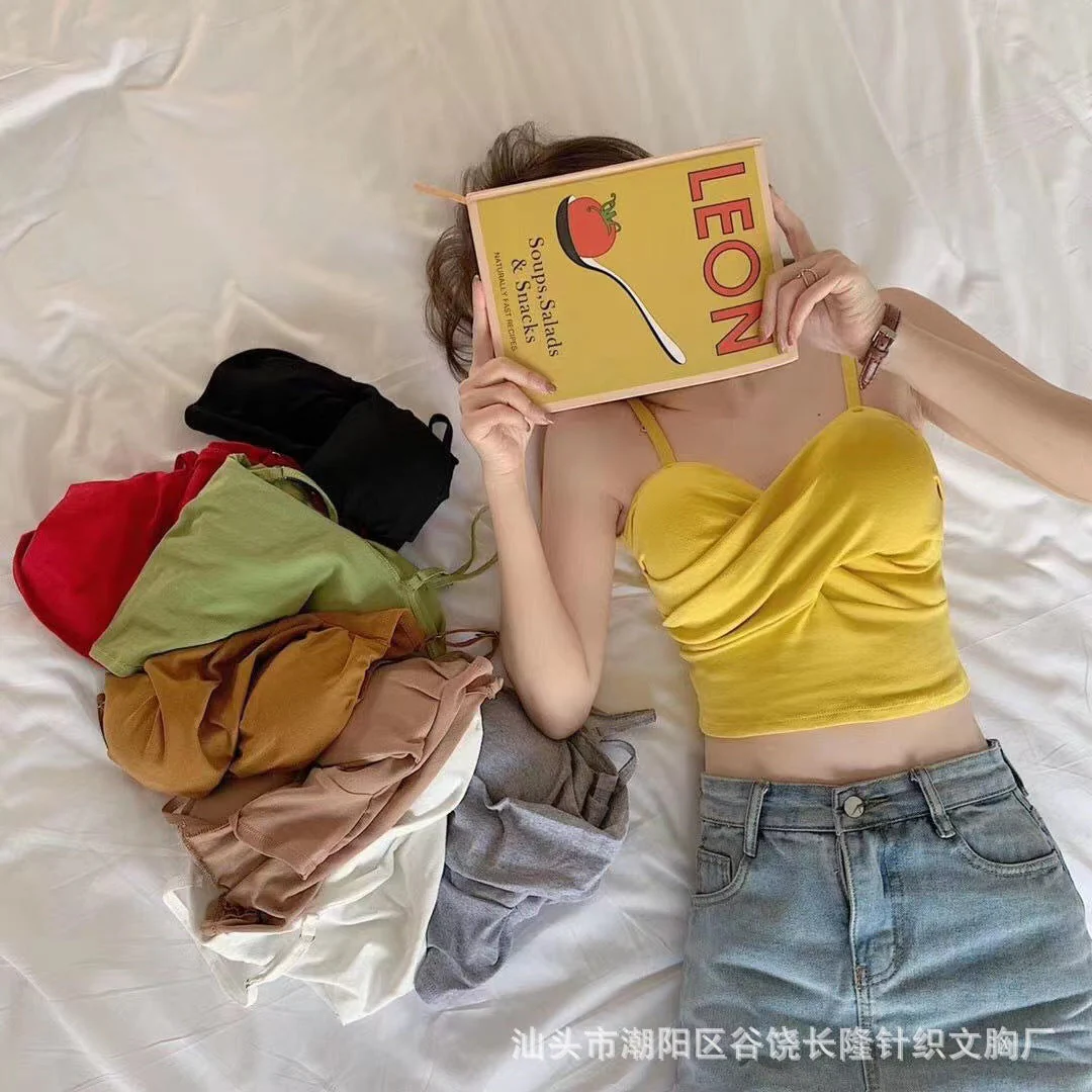 New cotton thread camisole solid color with chest pads - Image 12