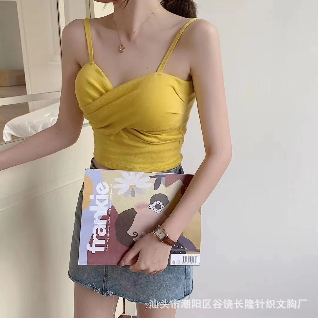 New cotton thread camisole solid color with chest pads - Image 18