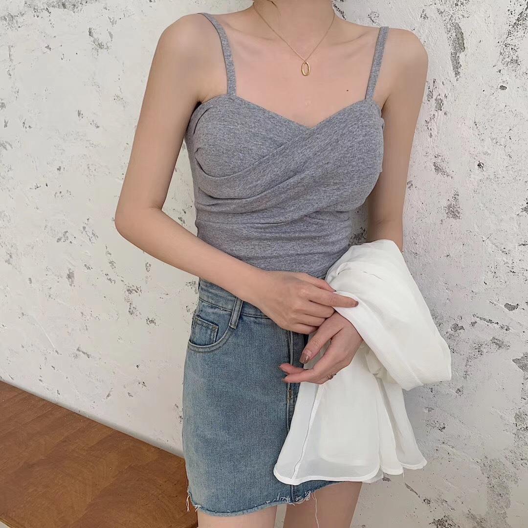 New cotton thread camisole solid color with chest pads - Image 23