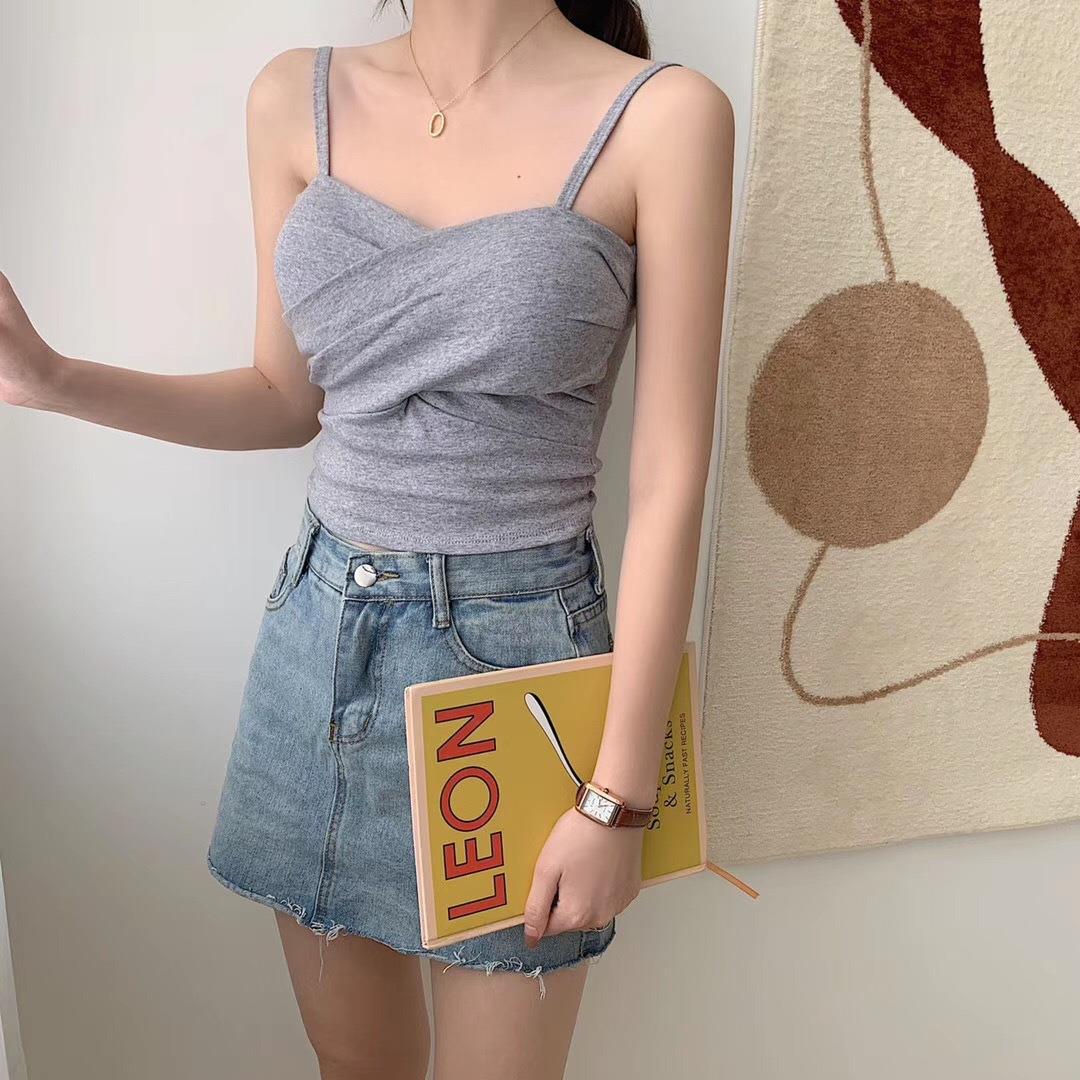 New cotton thread camisole solid color with chest pads - Image 29