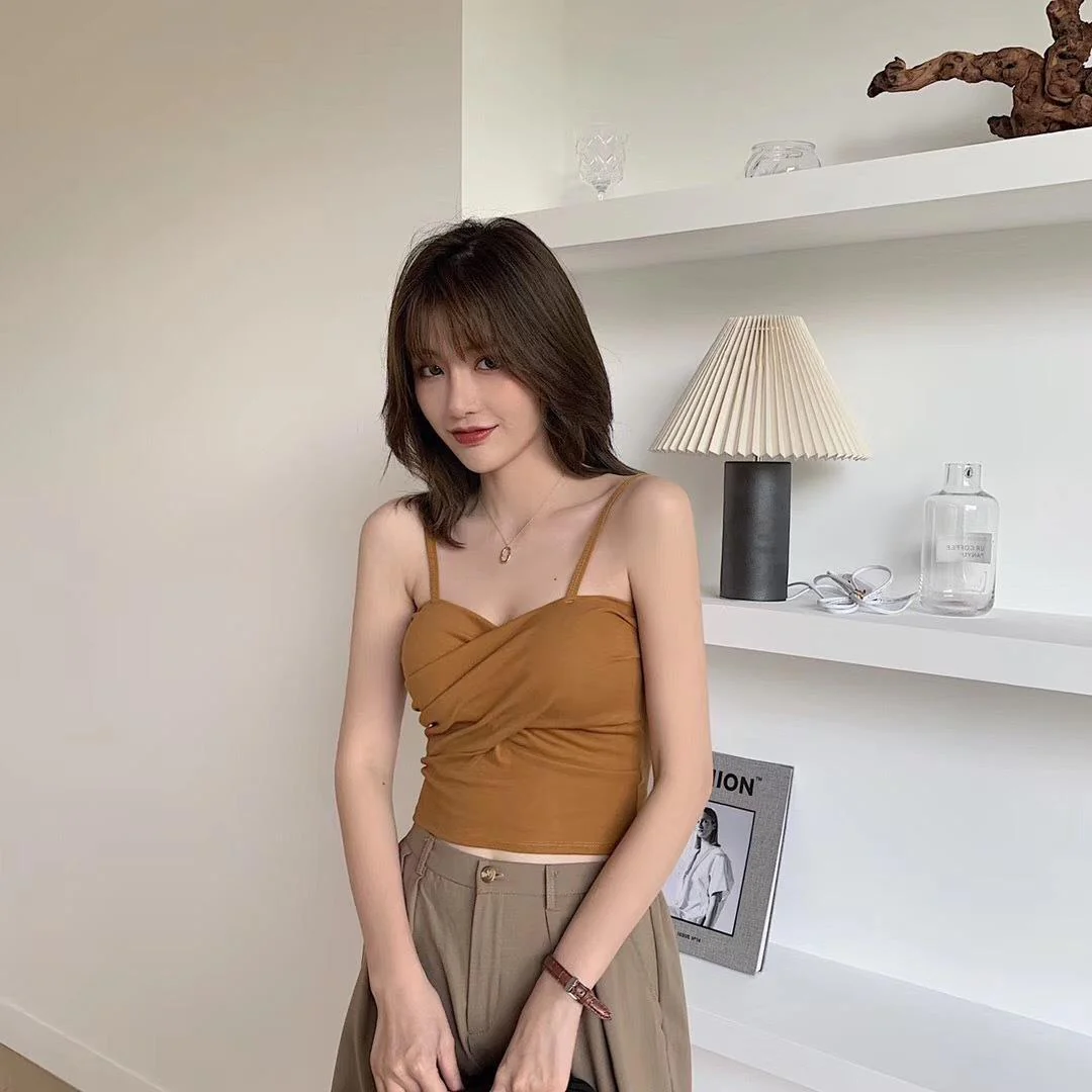 New cotton thread camisole solid color with chest pads - Image 59