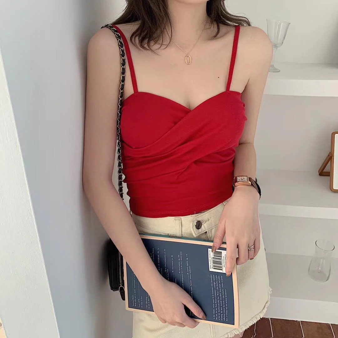 New cotton thread camisole solid color with chest pads - Image 62