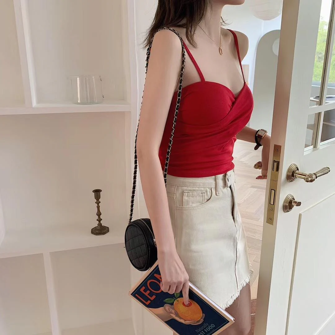 New cotton thread camisole solid color with chest pads - Image 66