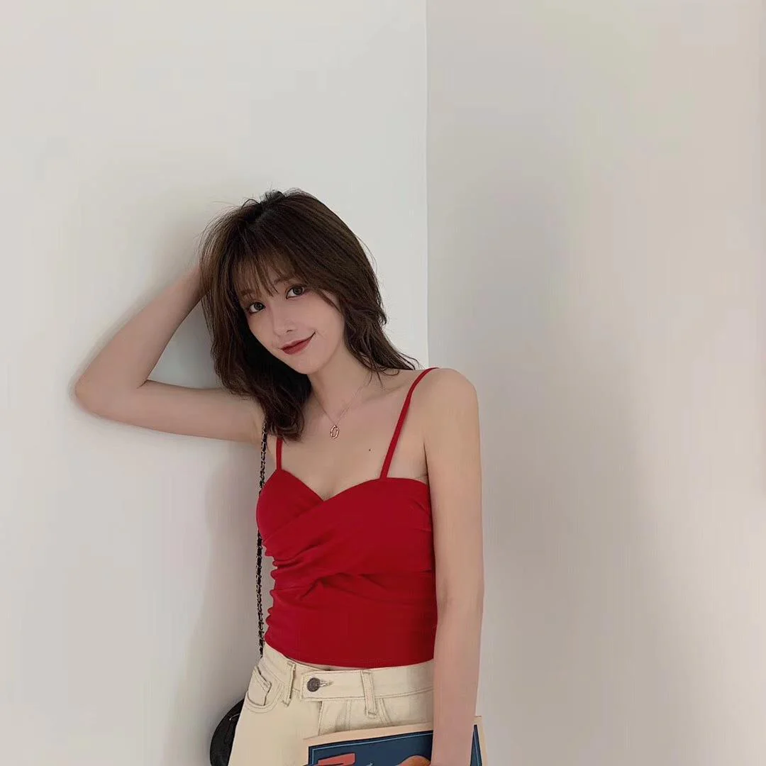 New cotton thread camisole solid color with chest pads - Image 68
