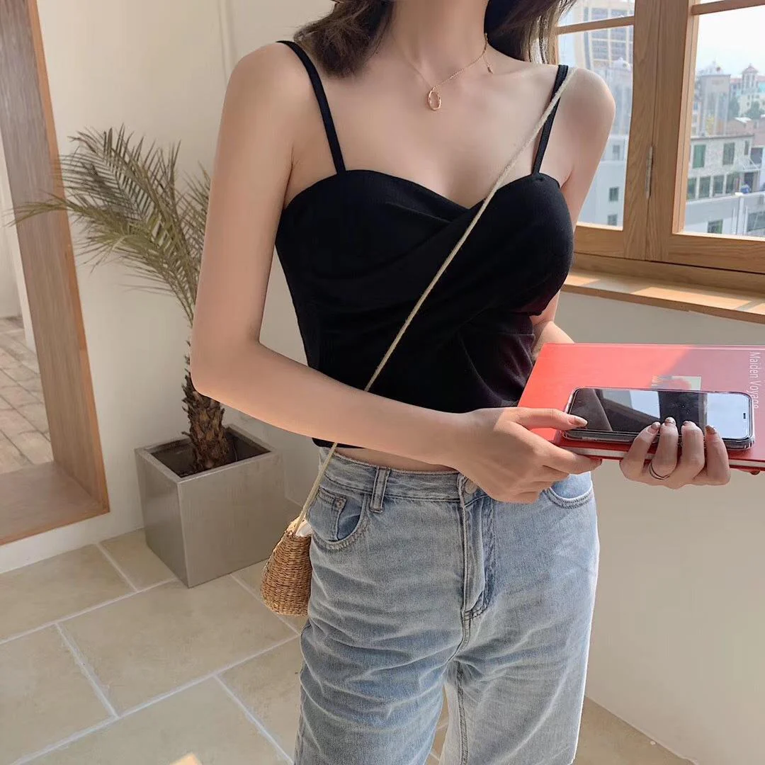 New cotton thread camisole solid color with chest pads - Image 71