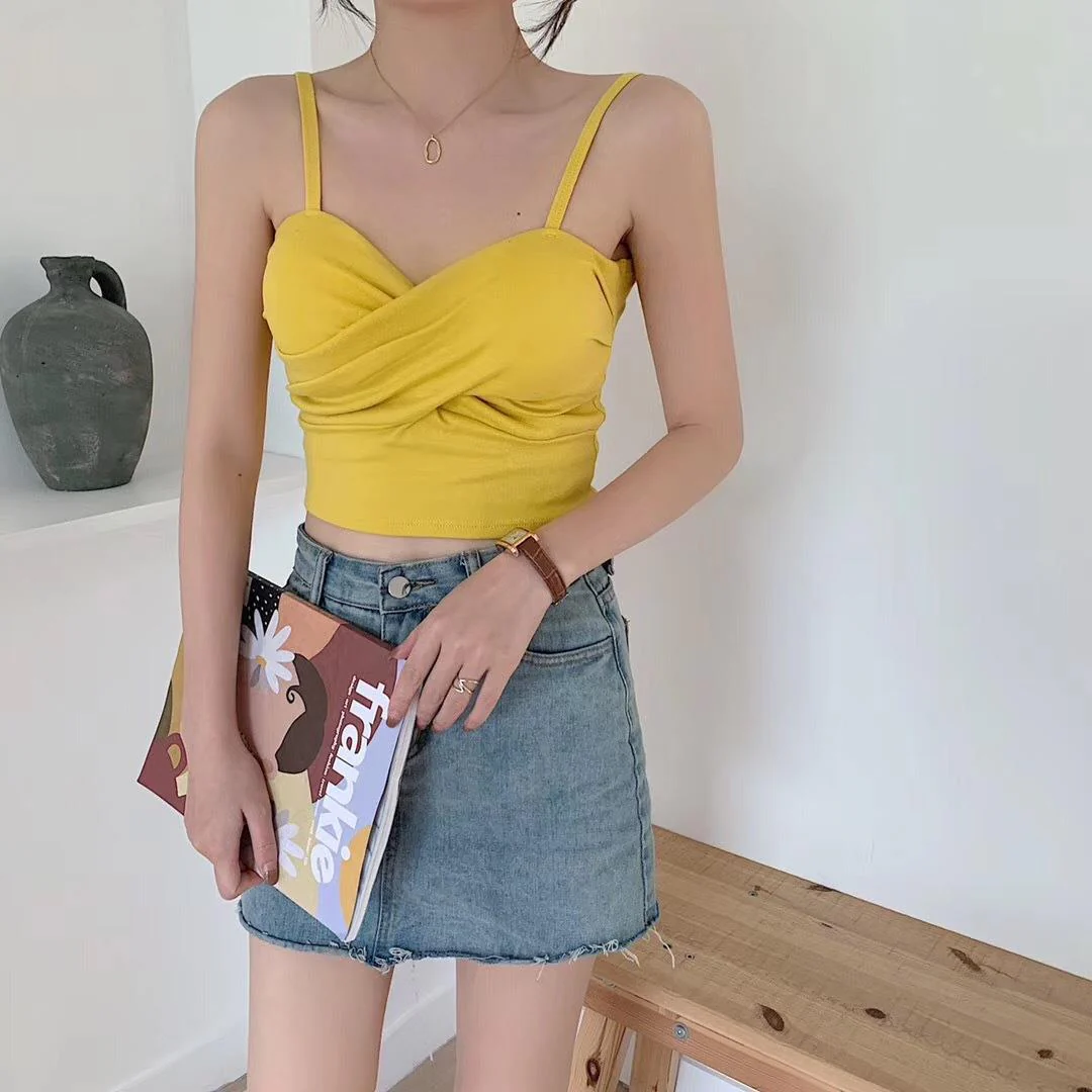 New cotton thread camisole solid color with chest pads FD - Image 20