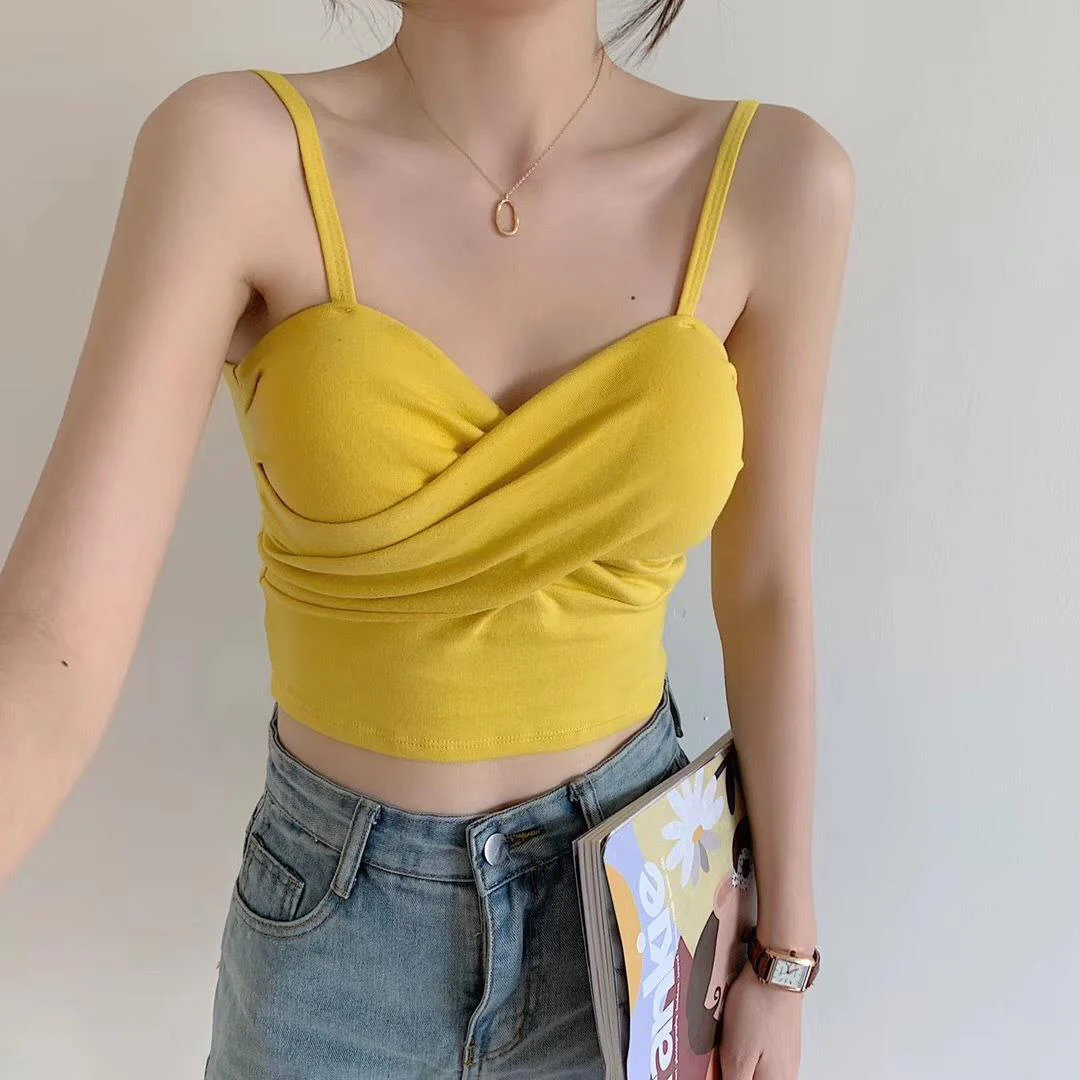 New cotton thread camisole solid color with chest pads FD - Image 21