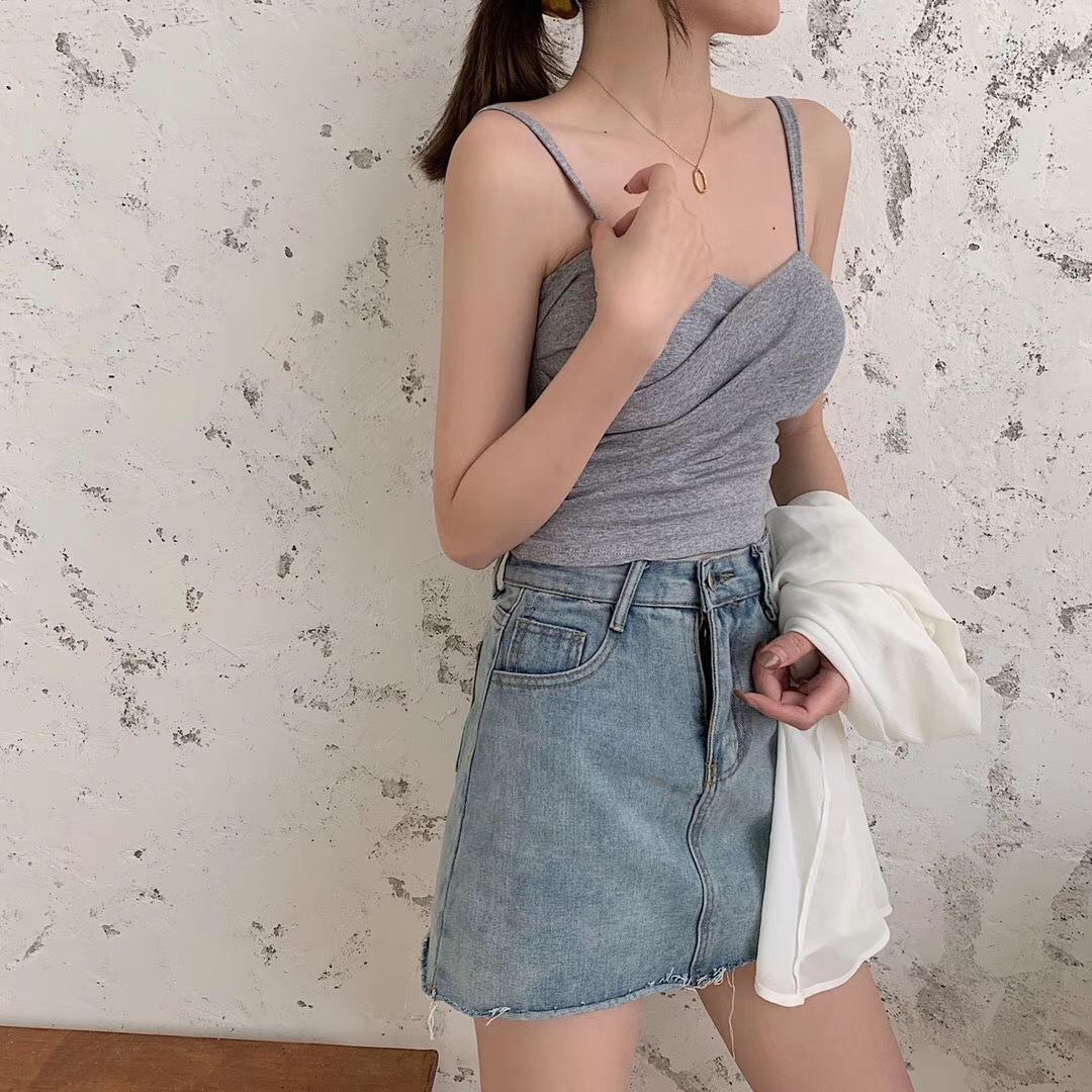 New cotton thread camisole solid color with chest pads FD - Image 24